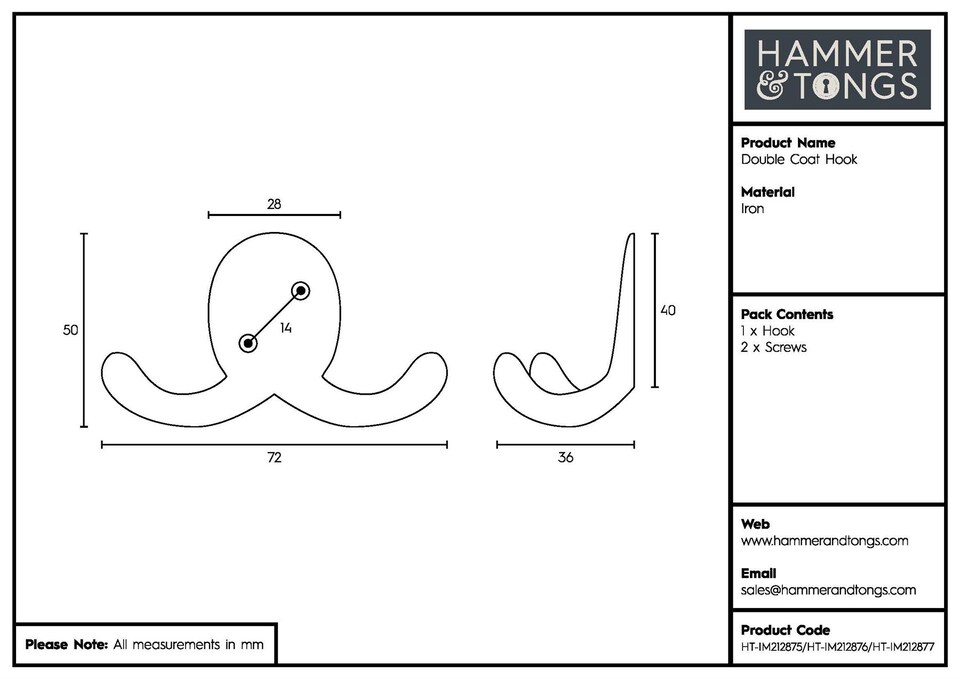 image 1 of Hammer & Tongs Double Coat Hook - W70mm x H50mm - Raw | Grey | Raw | One Size