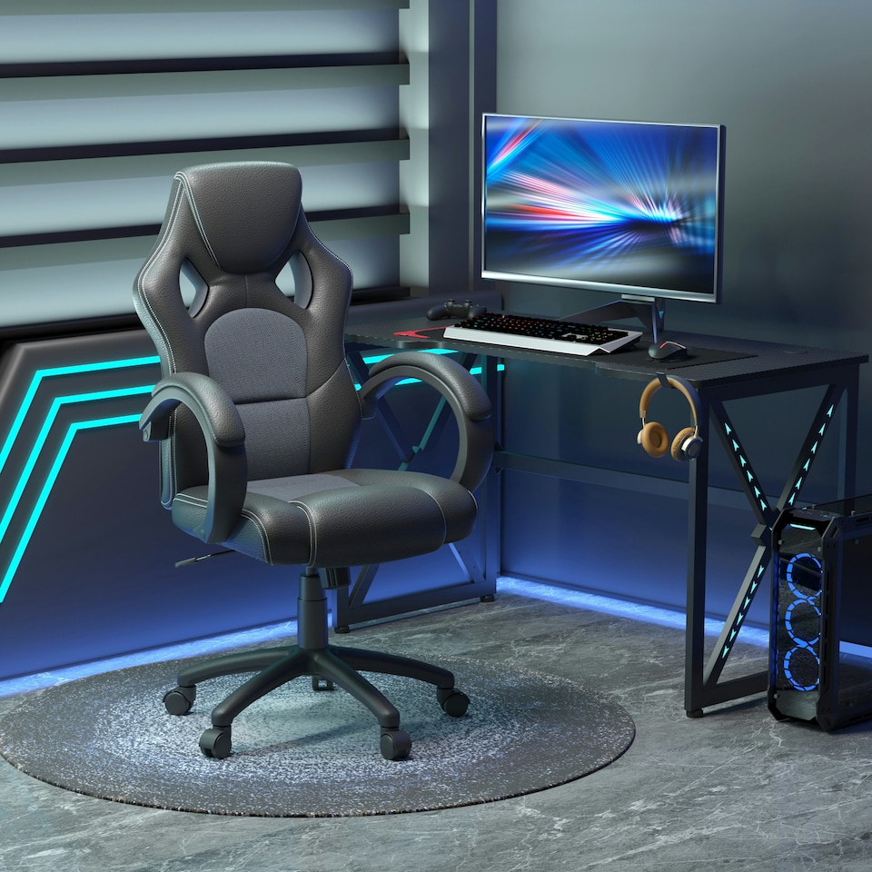 image 1 of Vinsetto PU Leather Racing Gaming Chair, Swivel Home Office Gamer Chair Gray
