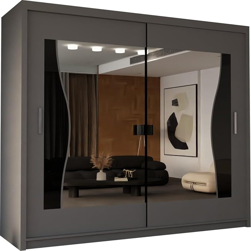 image 1 of Modern Sliding Wardrobe 120cm with Wavy Mirror Design | White, Black, Grey, Oak Finish Grey | Grey120cm