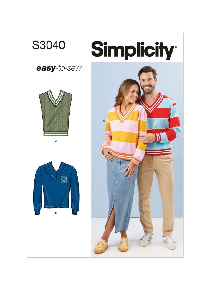 Simplicity 3040 Paper Sewing Pattern – Men’s & Women’s Tops & Sweaters, Size A (XS–S–M–L–XL–XXL), Easy