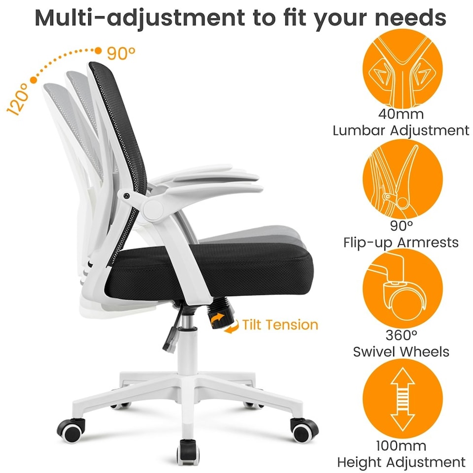 image 1 of Yaheetech Mesh Office Chair with 90° Flip-up Armrests | White