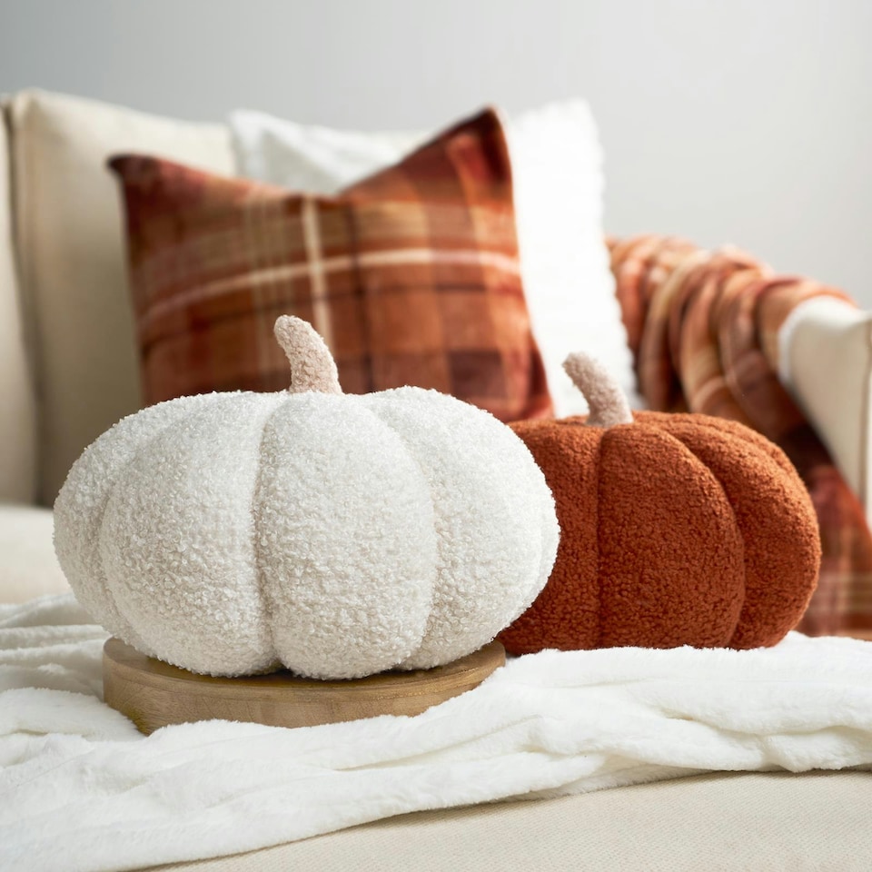 image 1 of OHS 2 x Boucle Fleece Pumpkin Shaped Halloween Fall Autumn Decoration Filled Cushions, 25x25cm - Cream