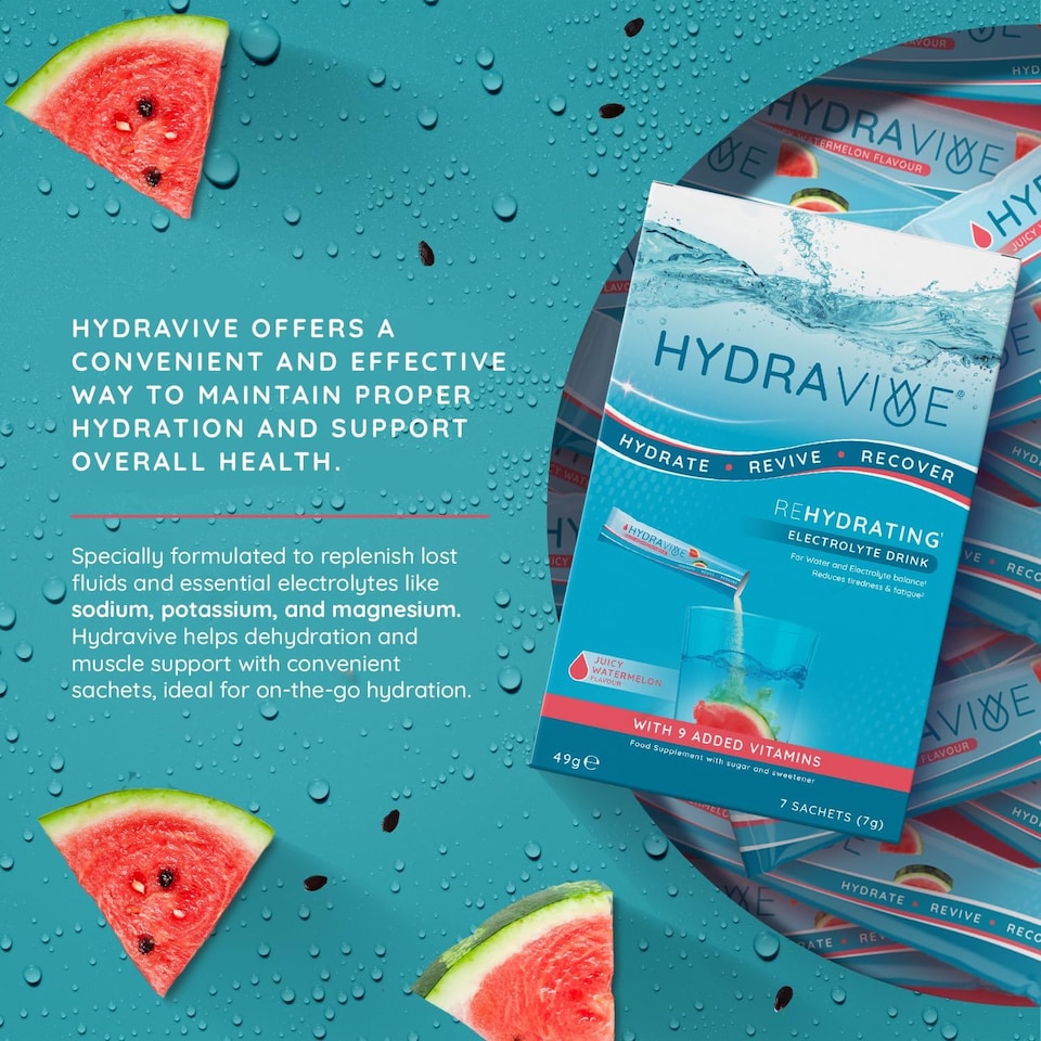 image 1 of Hydravive Rehydration Electrolytes Powder - High Strength Vitamin C and All 8 B Vitamins: B1, B3, B5, B12 Supplement Sachet Drink - 7 Pack Watermelon