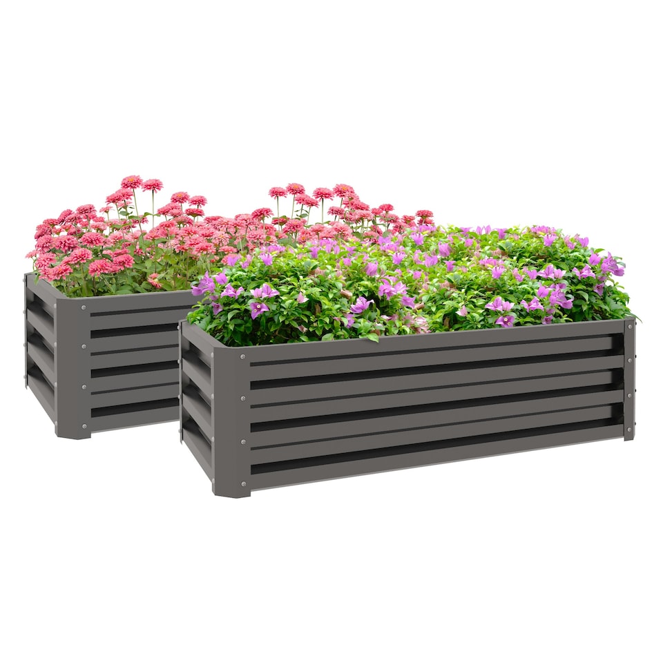 image 1 of Outsunny Set of 2 Raised Garden Bed Galvanised Planter Box, Grey