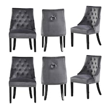 Set of 6 Velvet Dining Chairs Ergonomic Scoop Knockerback & Button Tufted Wood Legs Grey | Dark Grey