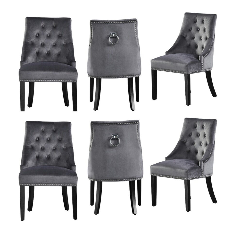 image 1 of Set of 6 Velvet Dining Chairs Ergonomic Scoop Knockerback & Button Tufted Wood Legs Grey | Dark Grey