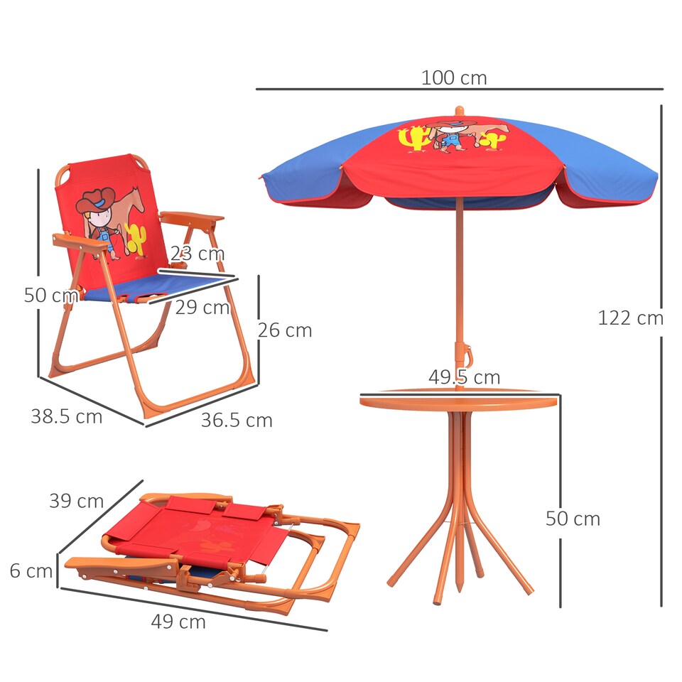 image 1 of Outsunny Kids Bistro Table and Chair Set w/ Cowboy Theme, Adjustable Parasol