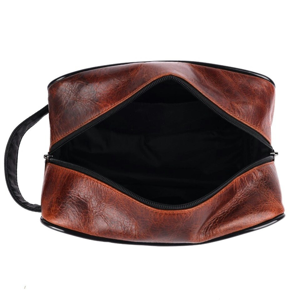 image 1 of SPORTGIFTZ Buffalo Leather Rugby Wash Bag Durable Toiletry Bag for Rugby Players and Fans Moisture-Resistant Lining, Secure Zip and Carry Handle 25cm x 14cm Brown