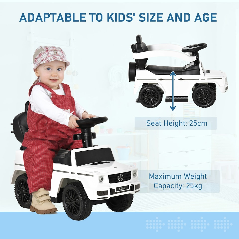 image 1 of HOMCOM Kids Ride-on Push Car 3 in 1 Benz G350 Baby Floor Slider Walker, White