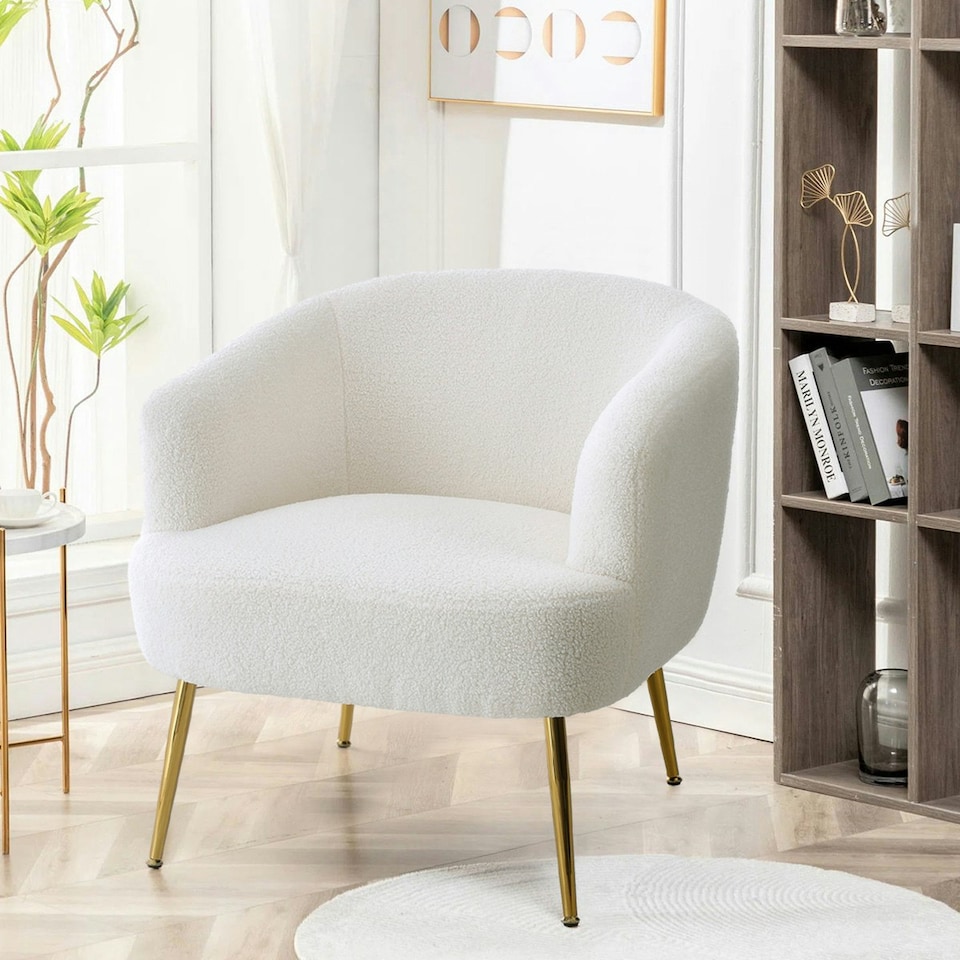 image 1 of Living and Home Teddy Fabric Armchair with Sleek Metal Legs - White