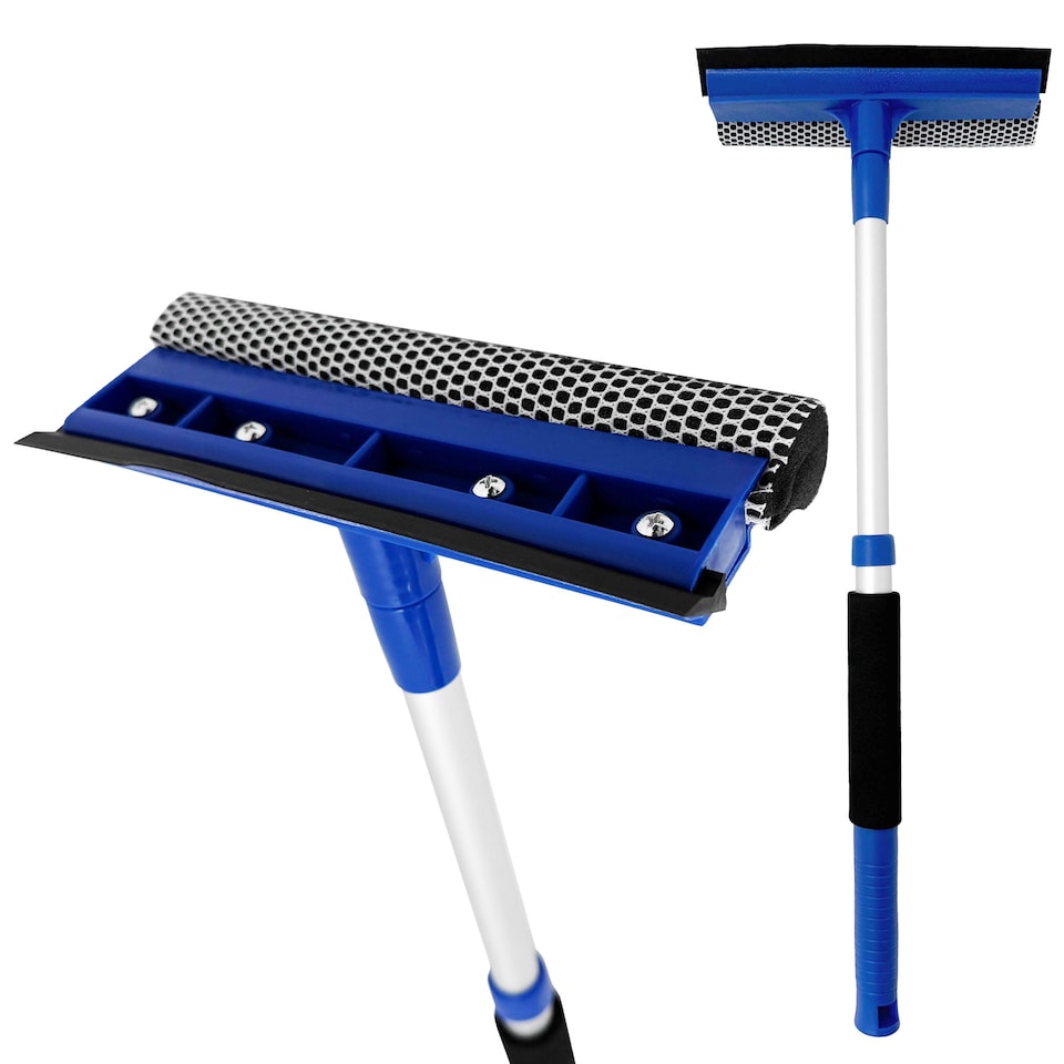image 1 of Telescopic 2-in-1 Window Squeegee Extendable Glass Cleaner with Sponge Scrubber