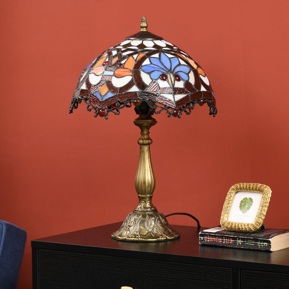 image 1 of HOMCOM Stained Glass Table Lamp, Handcrafted Artisan Collectible, Suitable for Living Room and Bedside, MultiColoured, 26 x 45Hcm, Zinc Alloy.