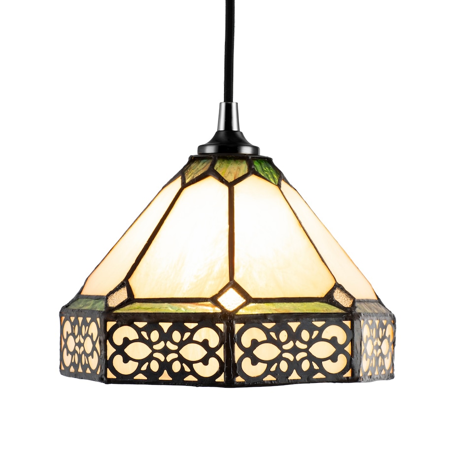 image 1 of Classic 1920s Shabby Chic Pendant Light Shade with Metal Scrollwork Decoration | Green