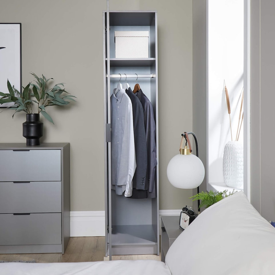 image 1 of Phoenix Wardrobe 1 Door Space Saving Bedroom Home Furniture Clothing Storage Unit | Grey