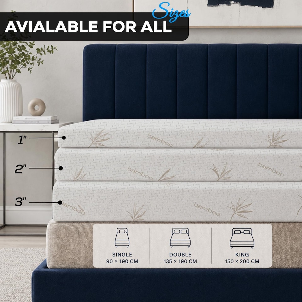 image 1 of Memory Foam Mattress Topper | Reversible Bamboo Cover | Orthopaedic Pressure Relief for Back Pain 2" (5cm)