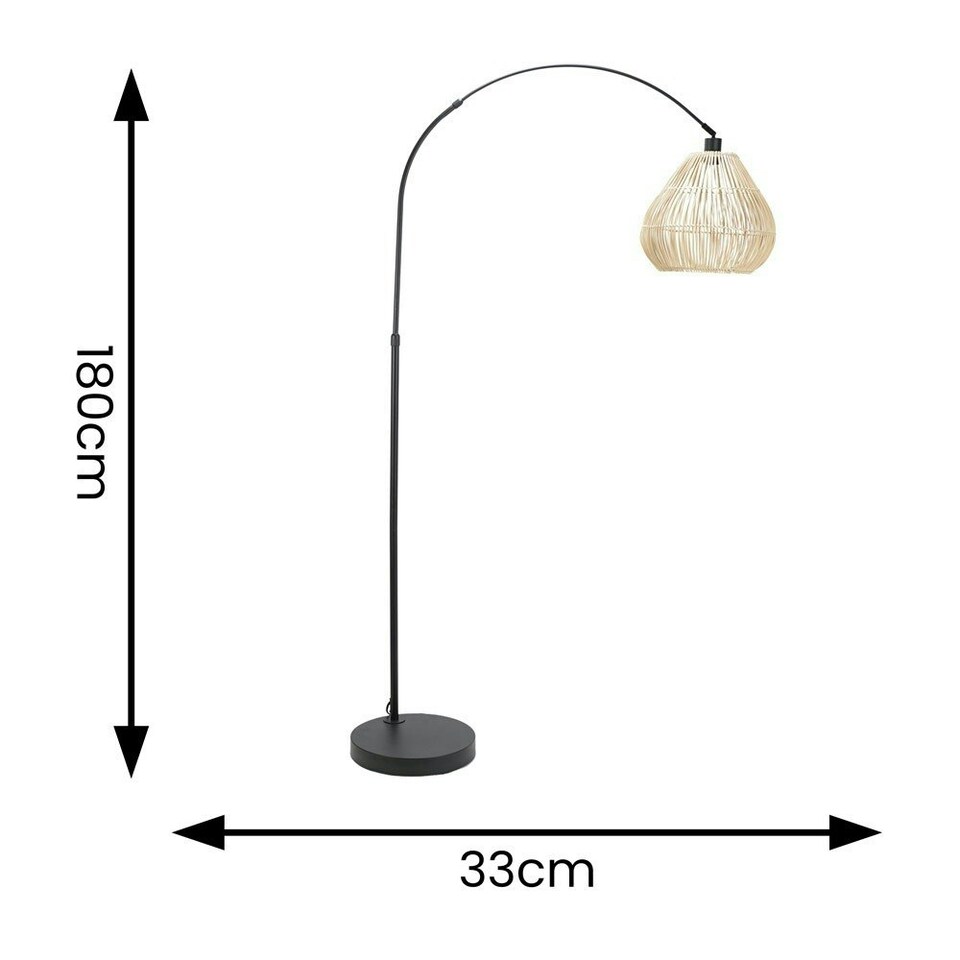 image 1 of ValueLights Louis Black Arched Curved Floor Lamp with Rattan Teardrop Lamp Shade