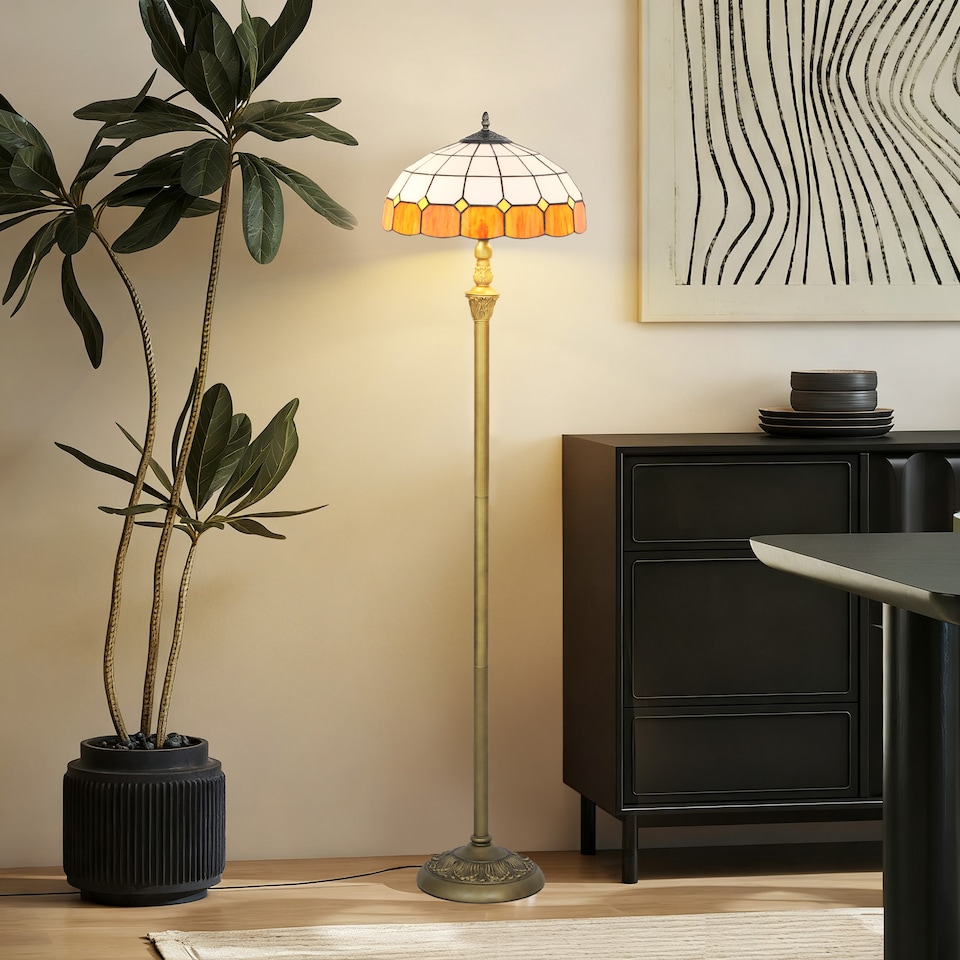 image 1 of HOMCOM Tiffany-Style Floor Lamp with Handcrafted Stained Glass Shade, 152cm Tall Vintage Standing Lamp with Foot Switch and Dual Sockets for Living Room Bedroom, Bronze Tone and Orange | Orange