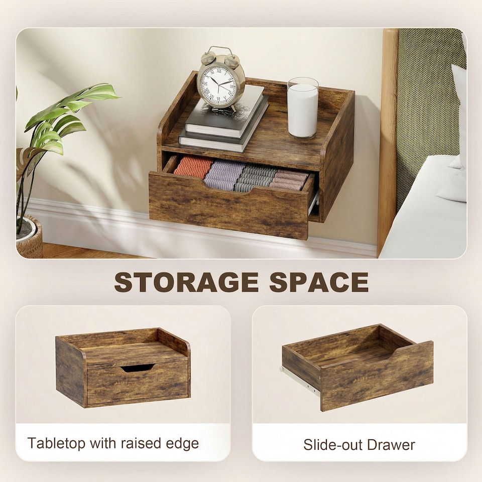 image 1 of HOMCOM Floating Nightstands Set of 2, Nightstand with Drawer | Brown | Natural wood | 40W x 30D x 19.5H cm