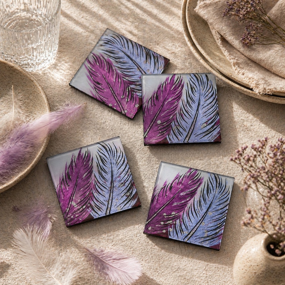 image 1 of Set of 4 Glass Coasters – Whispering Feather Violet (Handmade Fused Glass)