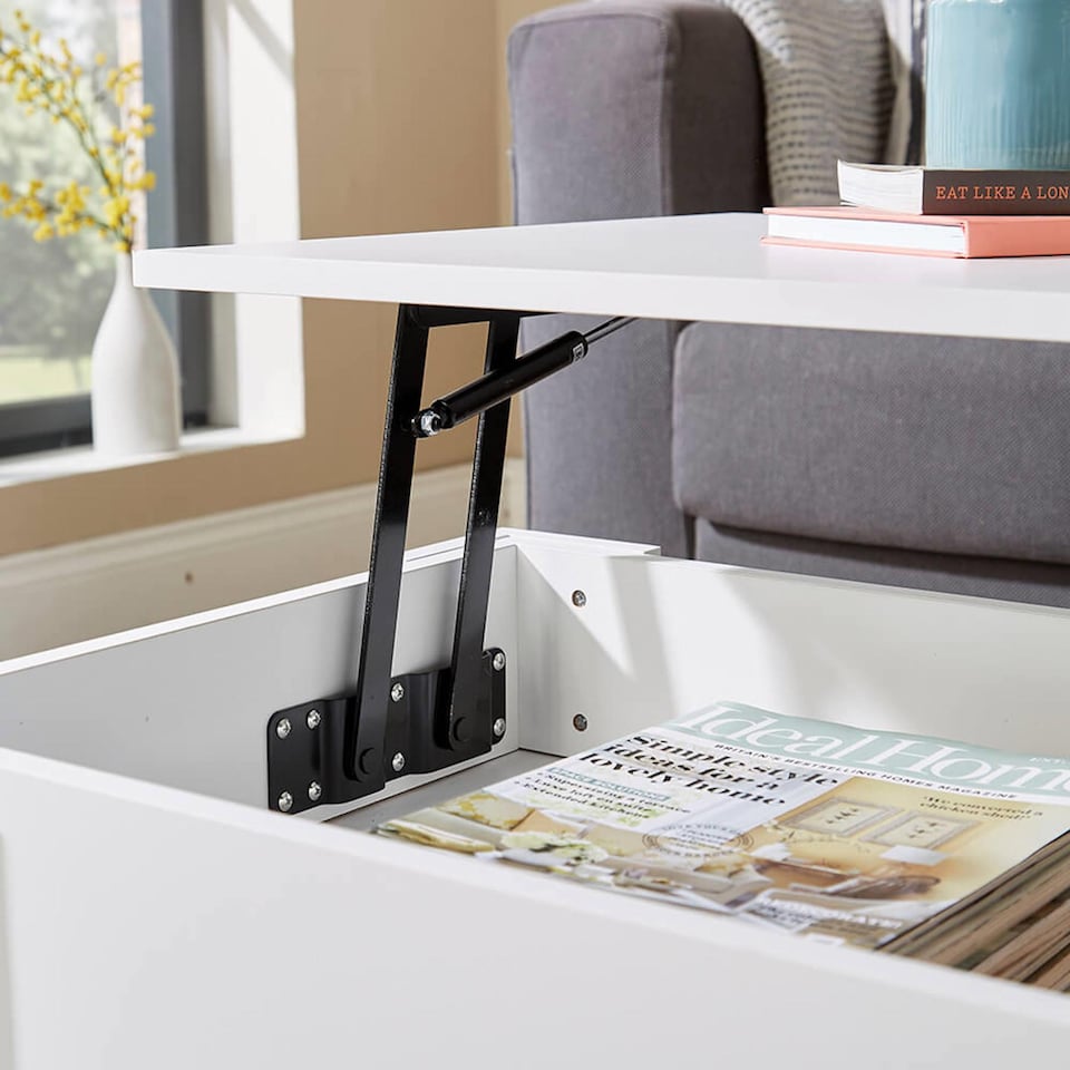image 1 of Wooden Coffee Table With Lift Up Top Storage Area and Magazine Shelf | White
