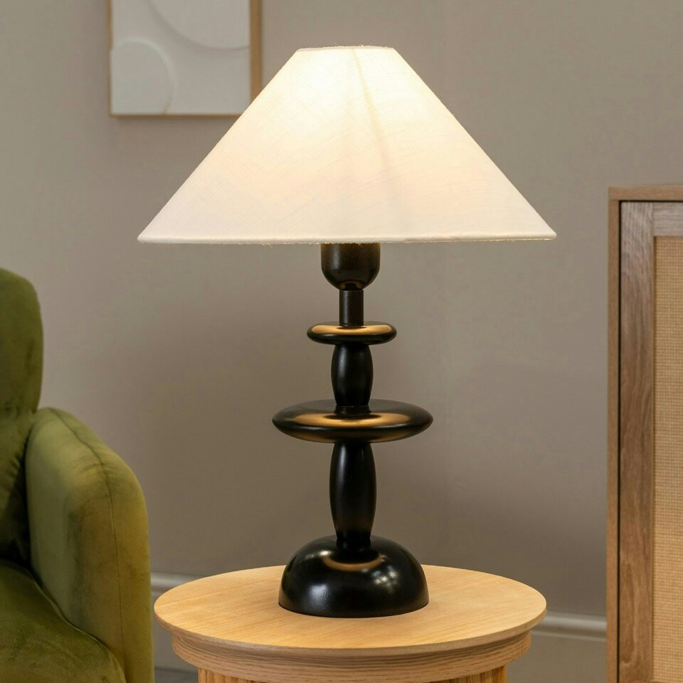 image 1 of ValueLights Justin Natural Linen Tapered Shade Walnut Dark Wood Stacked Table Lamp Black