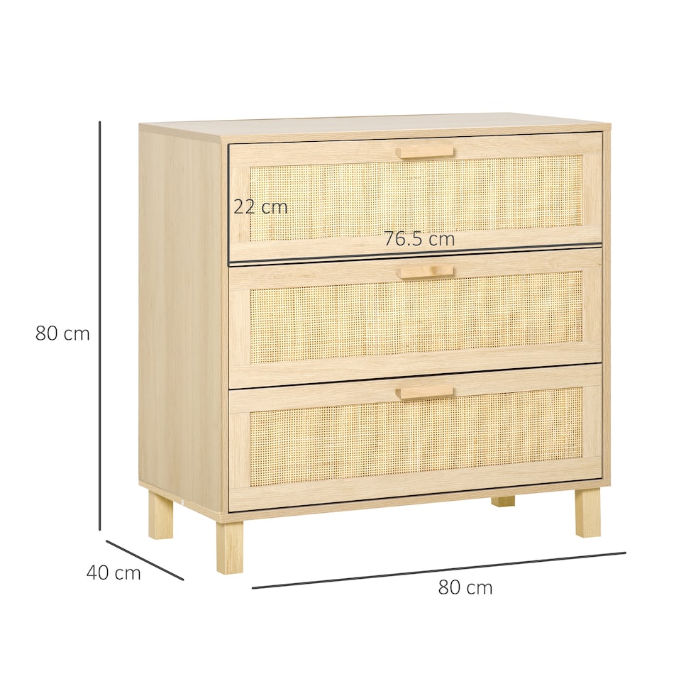 image 1 of HOMCOM Rattan Bedroom Chest of Drawers, 3 Drawers Storage Unit, Boho Dresser for Living Room, Hallway, Natural