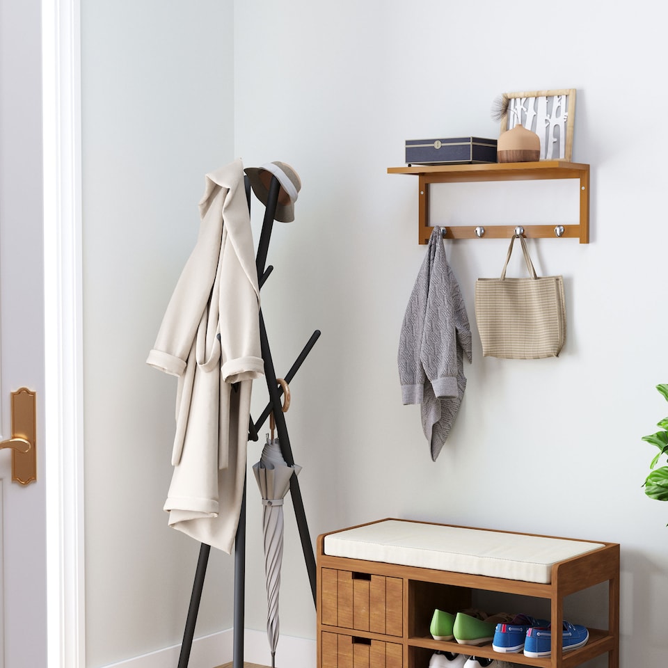 image 1 of HOMCOM Wall Mounted Coat Clothes Hat Hanger 4 Hooks Rack Stand with Rail & Storage Shelf for Hallway Entryway Bedroom Bathroom