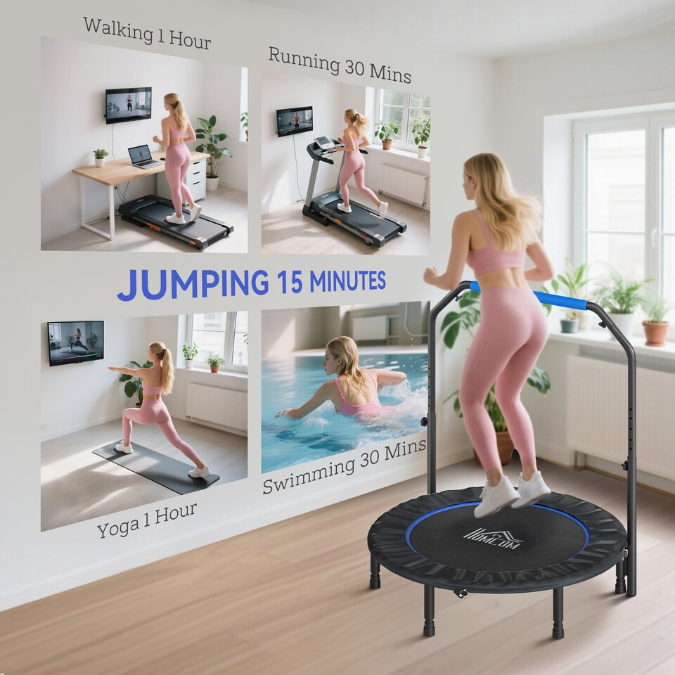 image 1 of HOMCOM 45" Foldable Mini Trampoline Fitness Trampoline Rebounder for Adults with Adjustable Foam Handle, for Indoors, Outdoors, Cardio Training, Blue | Blue