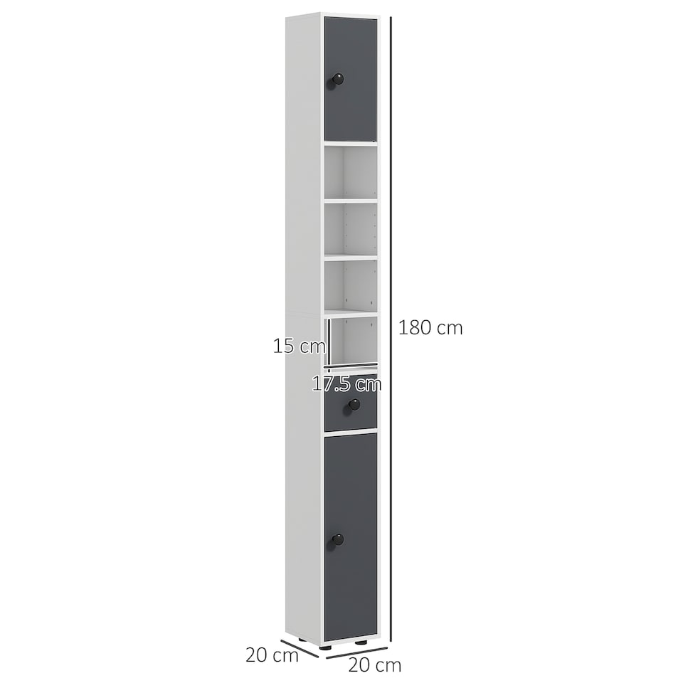 image 1 of kleankin 180cm Tall Bathroom Cabinet, Slim Bathroom Storage Cabinet with 4 Open Shelves, 2 Door Cupboards and Adjustable Shelves, White and Grey