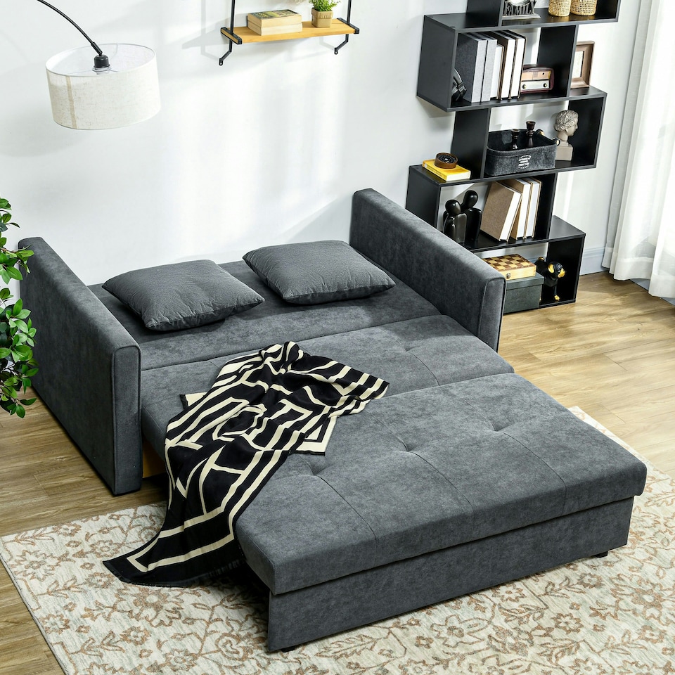image 1 of HOMCOM 2 Seater Sofa Bed Convertible Bed Settee w/ 2 Cushions Storage Dark Grey
