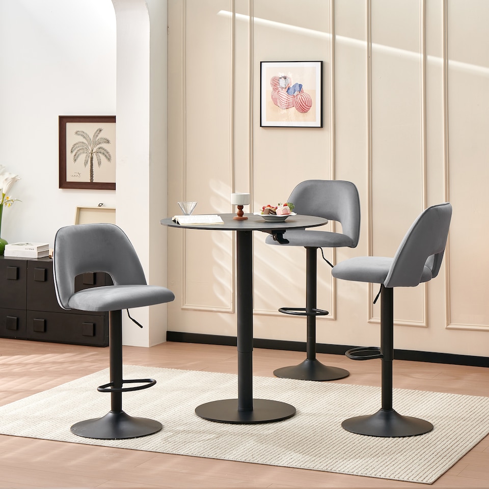 image 1 of SONARA Set of 3 Adjustable Velvet Upholstered Breakfast Bar Stools | Grey
