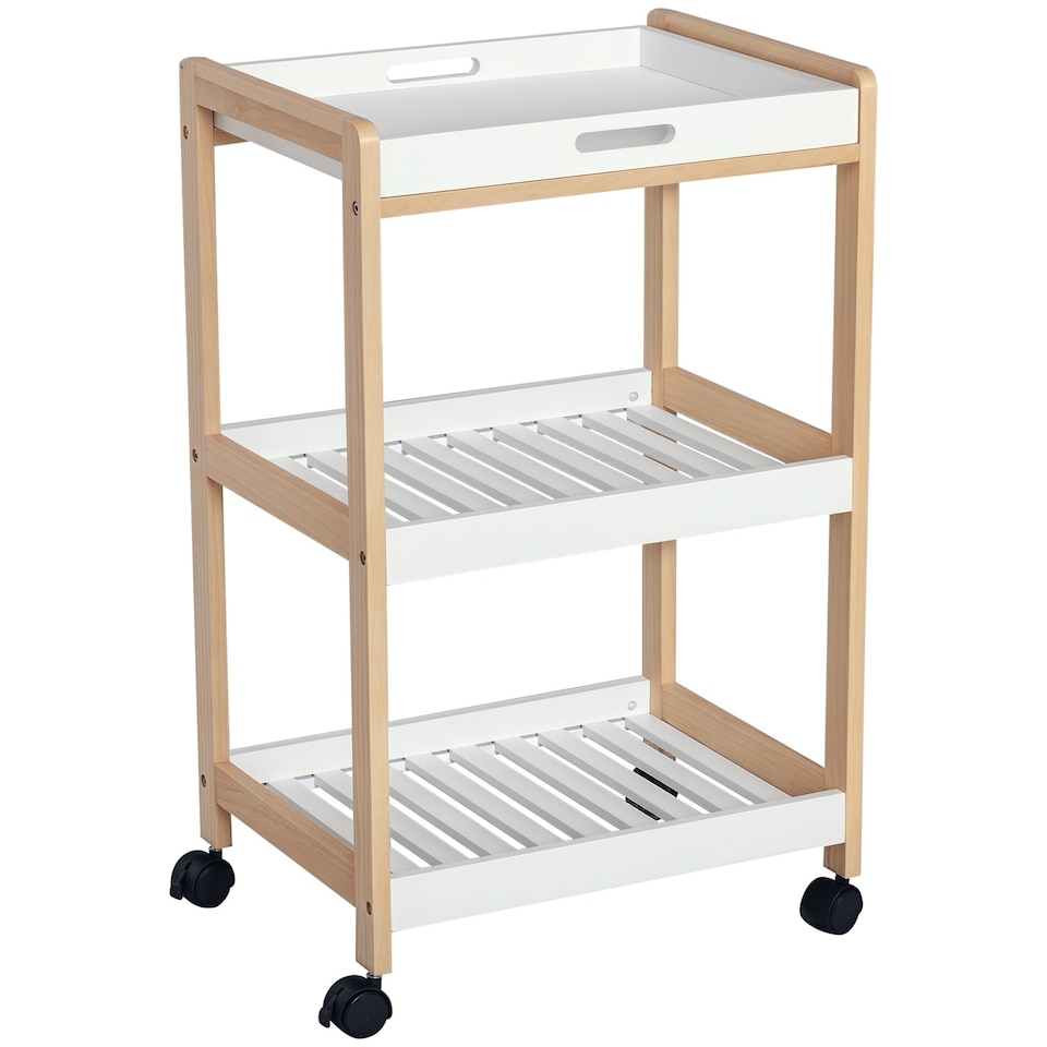 image 1 of HOMCOM Mobile Serving Trolley Kitchen Cart Pine Wood Rolling Wheels White