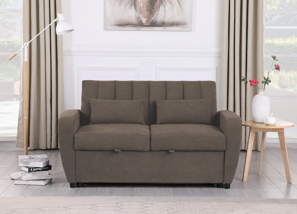 image 1 of Gibson 2-Seater Velvet Pull-Out Sofa Bed with Firm Support - Brown | Brown | Two Seater | 1