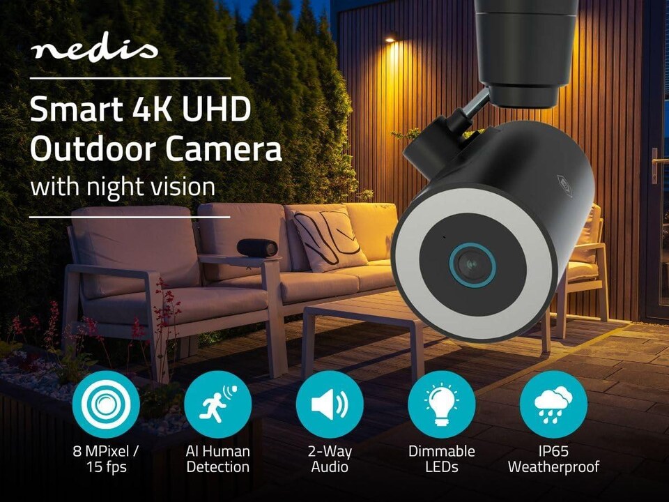 image 1 of NEDIS Smart 4K Wi-Fi 6 Outdoor Camera, Motorised CCTV with Motion Sensor, AI Human Detection, Night Vision, Two-Way Audio, Siren & Spotlight, Cloud or microSD Storage, IP65 Weatherproof
