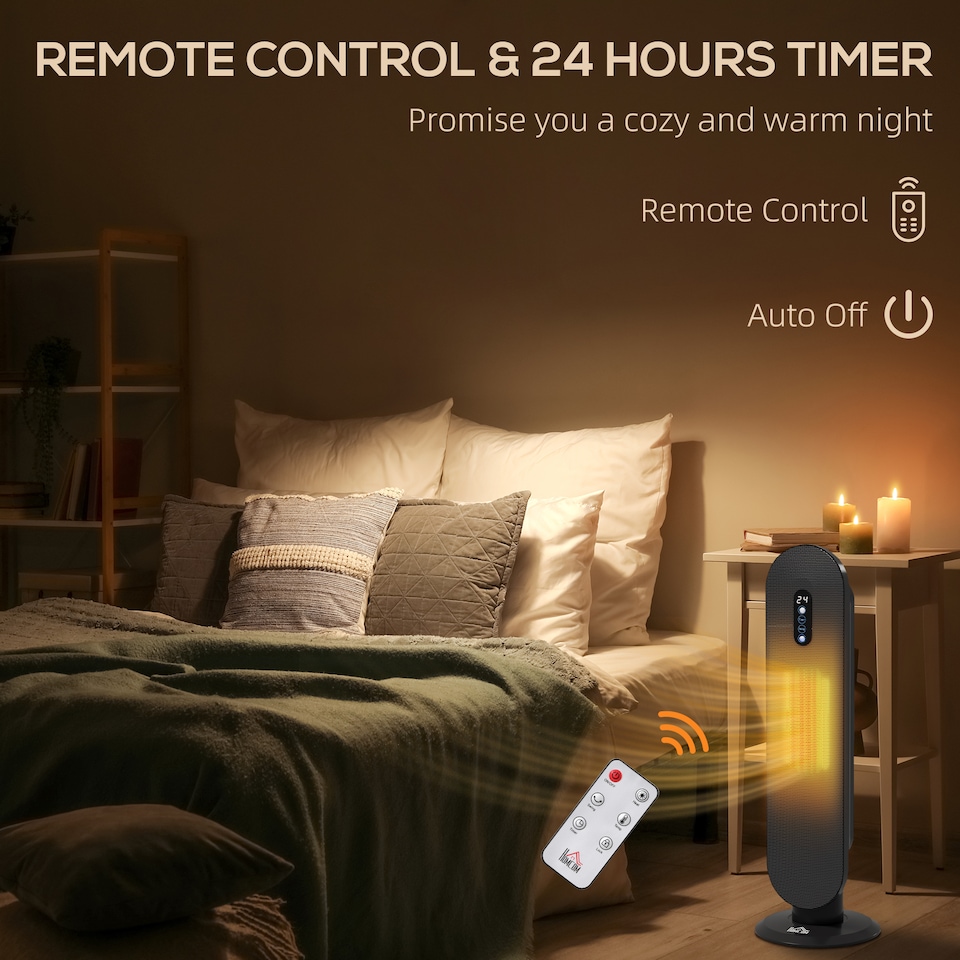 image 1 of HOMCOM Ceramic Space Heater, Indoor Tower Heater with 2 Heat, Oscillation, Remote Control, Timer, Tip-Over Overheating Protection, 1200W2000W, Black