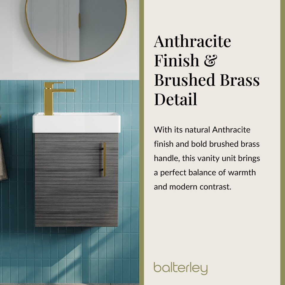 image 1 of Wall Hung Vanity Basin 400mm Anthracite & Brushed Brass Handle | Grey | Anthracite Woodgrain | 520 x 405 x 222mm