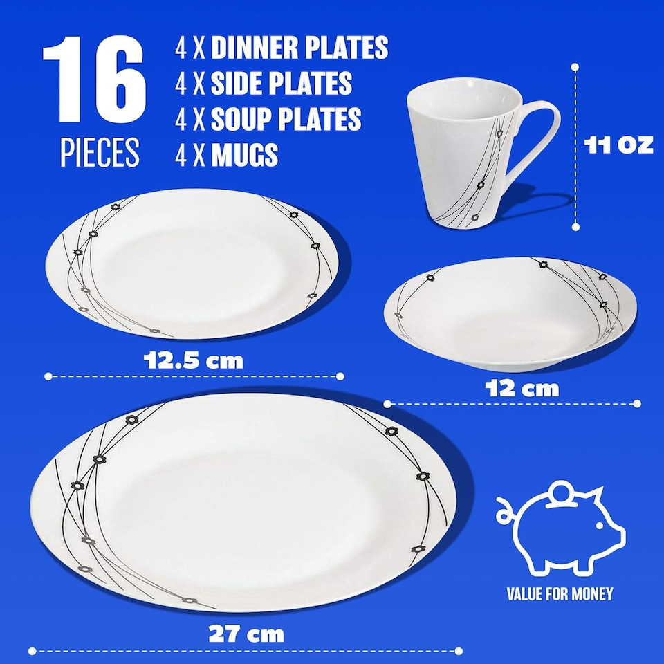 image 1 of 16pc Dinner Set Bowl Plate Mug Soup Side Dishes Porcelain Gift Kitchenware Black Pattern