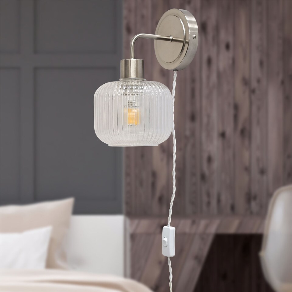 image 1 of Toby - Satin Nickel Plug in Wall Light with Batley Ribbed Glass Shade