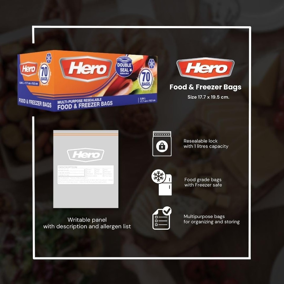 image 1 of Hero 70 Medium 1L Resealable Freezer Bags – Reusable Ziplock Food Storage Bags with Write-On Label – BPA Free Sandwich & Freezer Bags