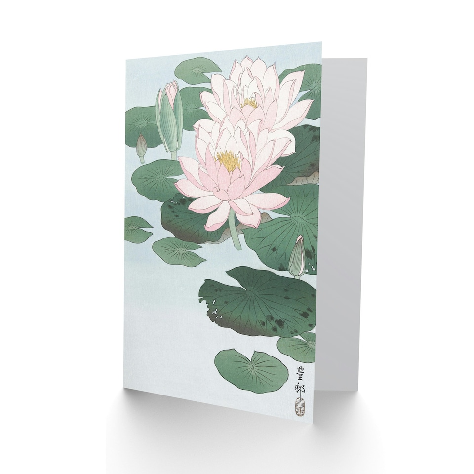 image 1 of Ohara Koson Japanese Art Card Water Lily Pads Pink Flower Bloom