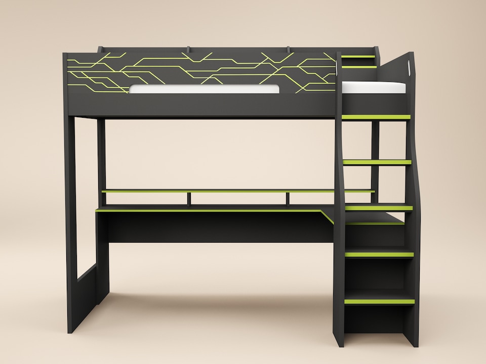 image 1 of Recoil Ultimate Vivid Gaming High Sleeper with Desk Charcoal & Green Small Double