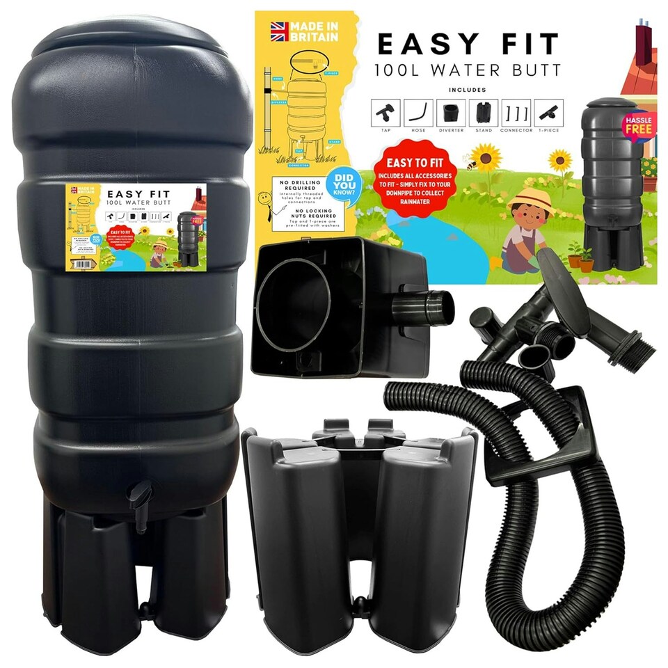 image 1 of 100L Strong Traditional Black Barrel Design Water Butt Rain Water Collector Including Lid, Tap, Stand & Filler Kit