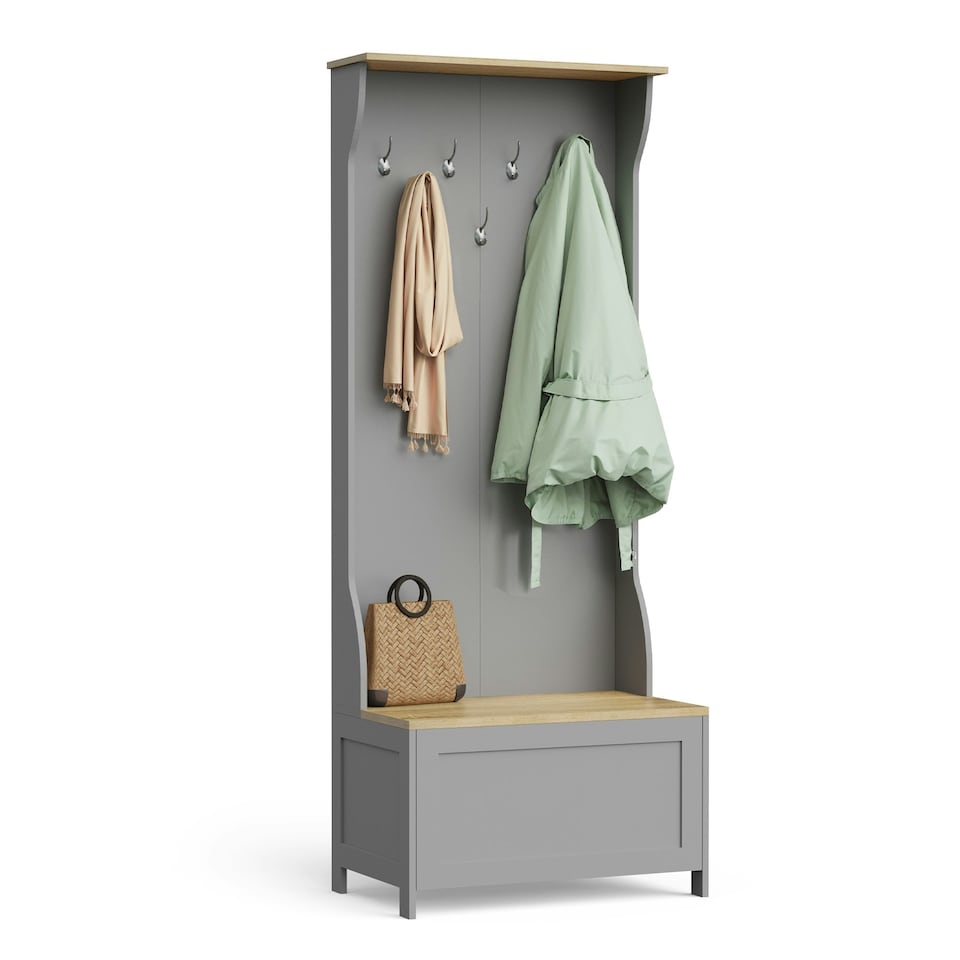 image 1 of VonHaus Grey Coat Rack Stand and Shoe Storage Bench for Hallway