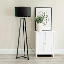 ValueLights Lottie Black Wood Tripod Floor Lamp with Black Velvet Drum Shade and LED Bulb