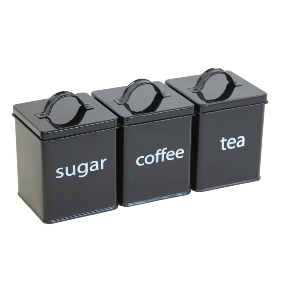 image 1 of Oypla 5 Piece Black Kitchen Canister Storage Tin Set Bread Biscuits Tea Sugar Coffee Black