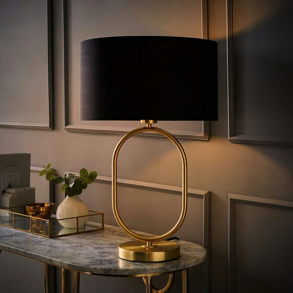image 1 of ValueLights Antonia Black Fabric Drum Lamp Shade Brushed Gold Oval Table Lamp with LED Bulb Gold