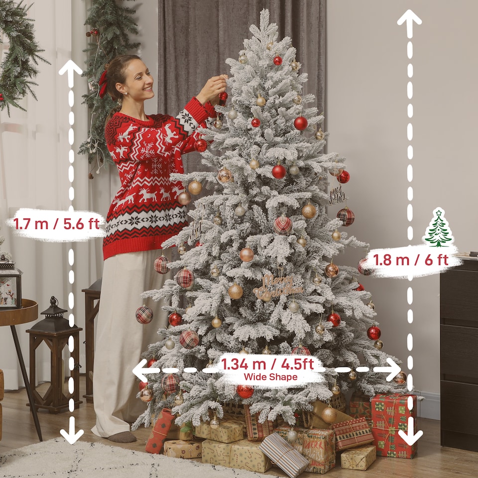image 1 of HOMCOM 6ft Snow Flocked Christmas Tree with Realistic Tips, Wide Hinged Xmas Tree with Foldable Metal Stand, Easy Assembly for Home Decor | Green