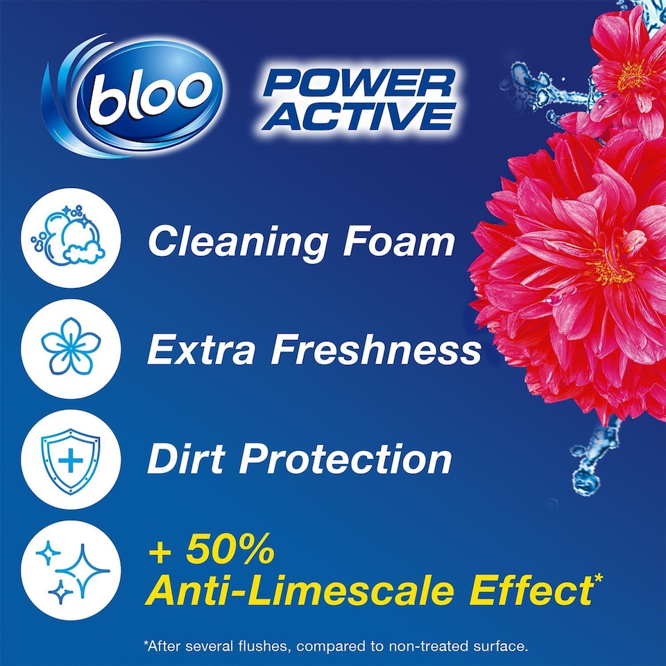 image 1 of Bloo Toilet Rim Block Power Active Flower with 4 Cleaning Formula 2x50g, 12 Pack | Multi | 12