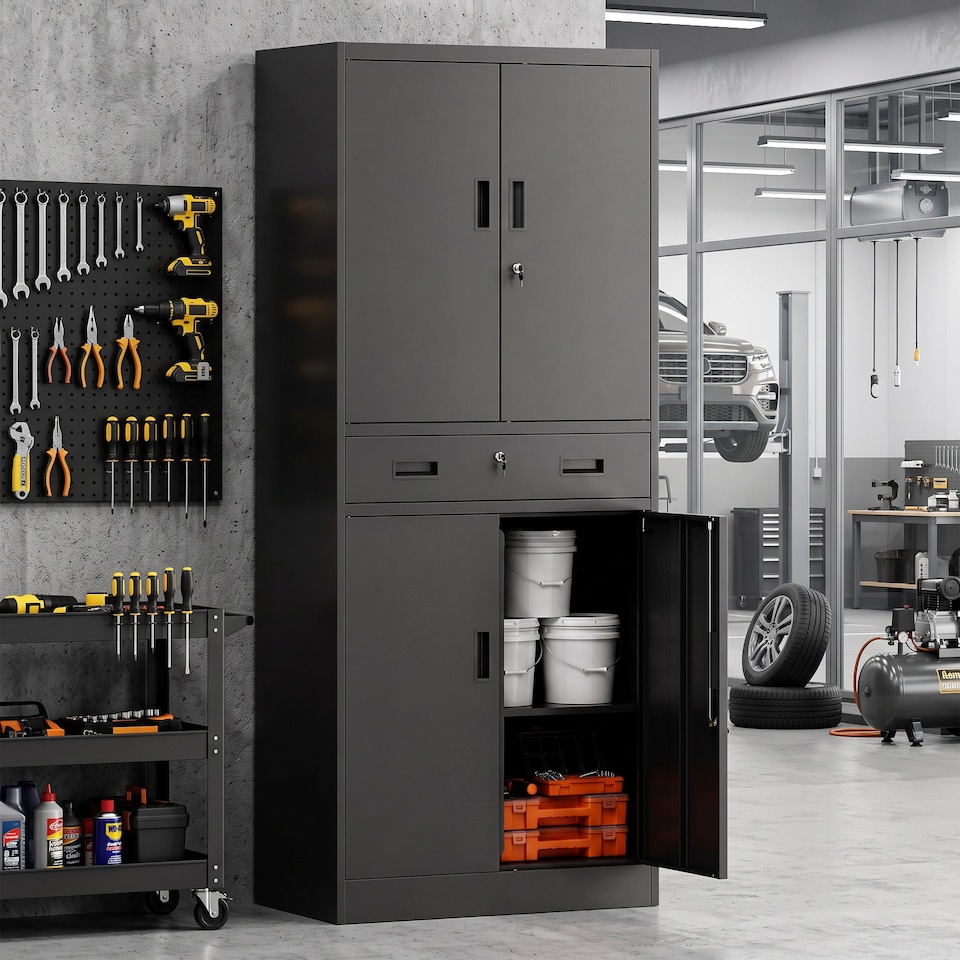 image 1 of HOMCOM 180cm Tall Tool Cabinet, Lockable Metal Storage Cabinet with Drawer