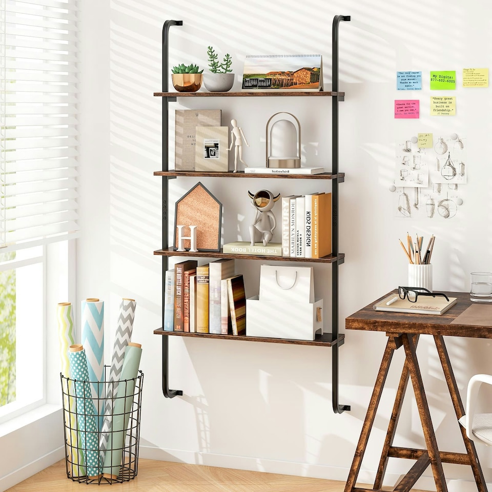 image 1 of COSTWAY 4-Tier Shelving Wall Mounted Wood Bookcasw Brown